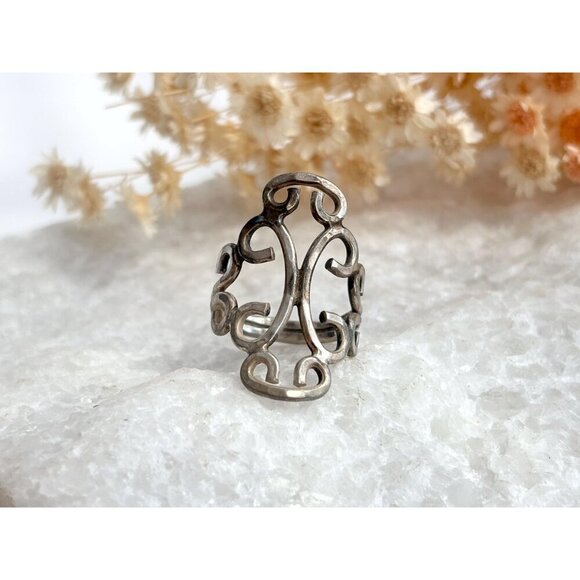Swirl Statement Cutout Unisex Sterling Silver Victorian Vintage Ring - sz 6.5 - Picture 5 of 10
